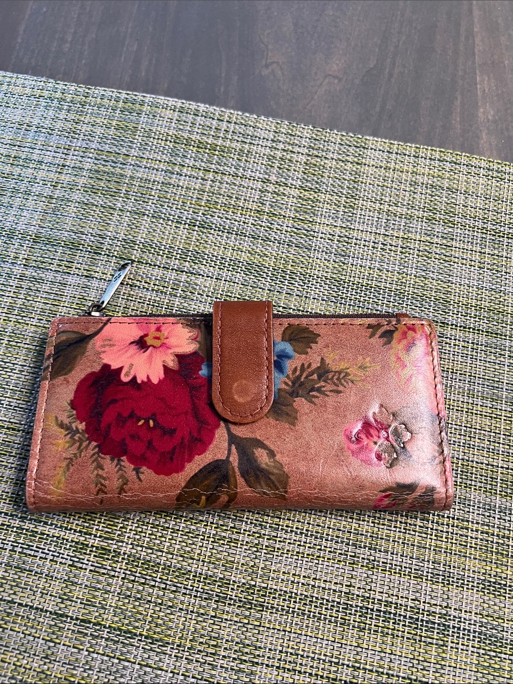 Patricia Nash Floral Leather Zip Wallet - Brown with Red Flower